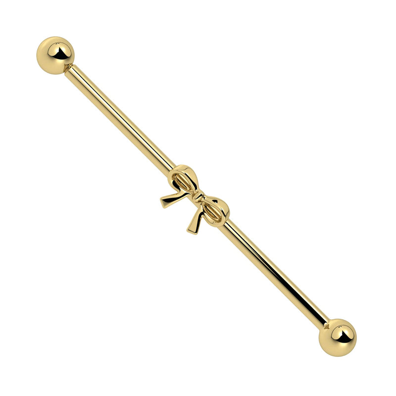 14k yellow gold bow industrial barbell with sculpted center bow accent, front view on white