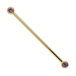 14k yellow gold industrial barbell with dual bezel-set 3mm amethyst gemstones, front view