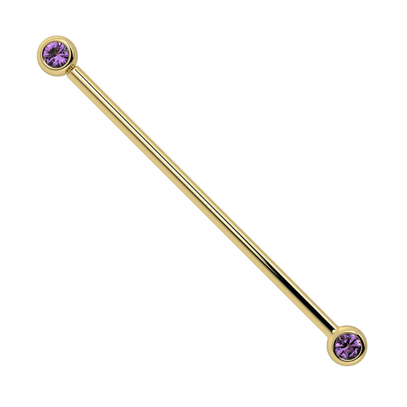 14k yellow gold industrial barbell with dual bezel-set 3mm amethyst gemstones, front view