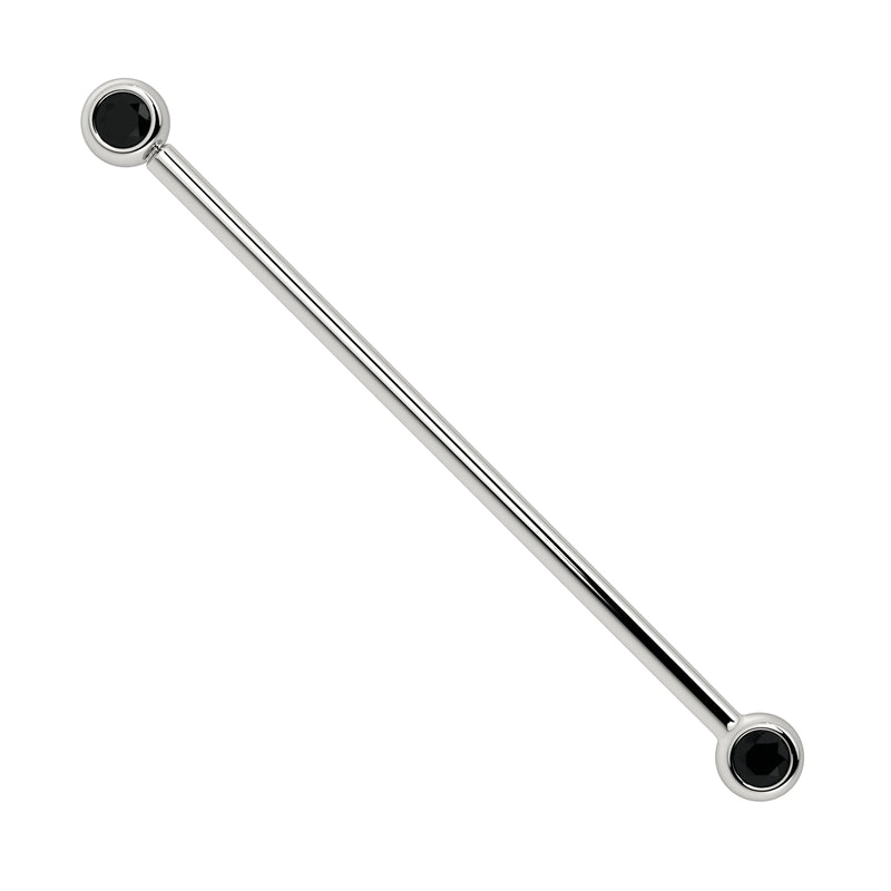 14k white gold industrial barbell with two bezel-set 3mm black diamonds, full length view