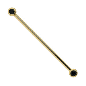 14k yellow gold industrial barbell with dual 3mm black diamond bezel ends, full length view