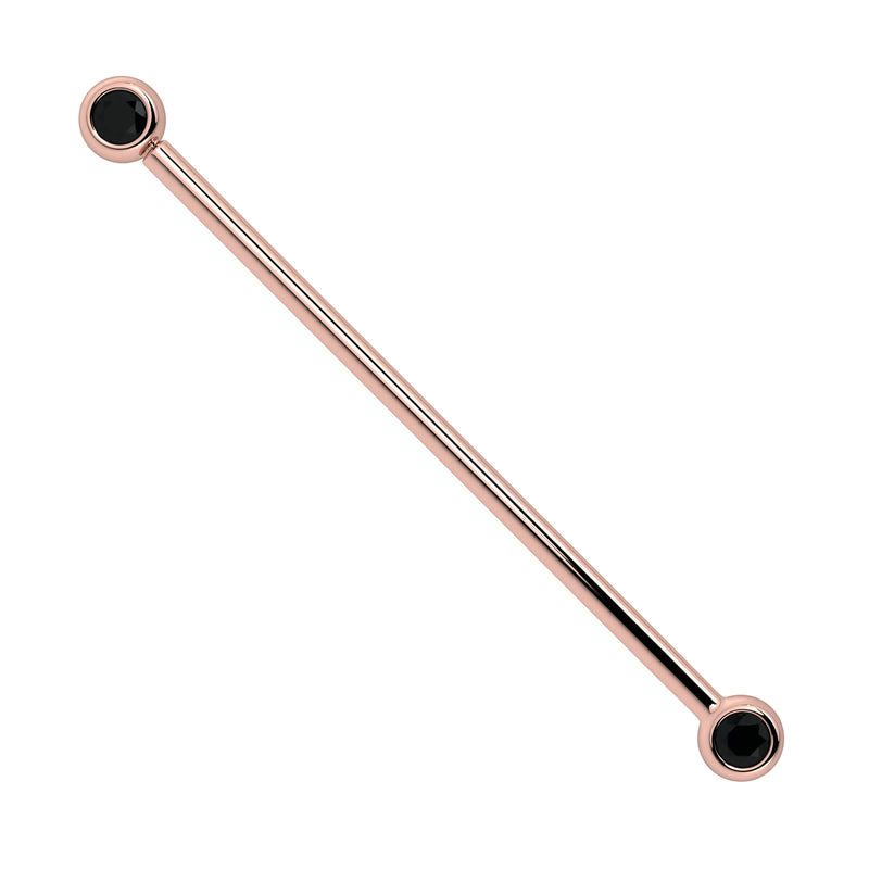 14k rose gold industrial barbell with dual bezel-set black diamonds at each end, full view