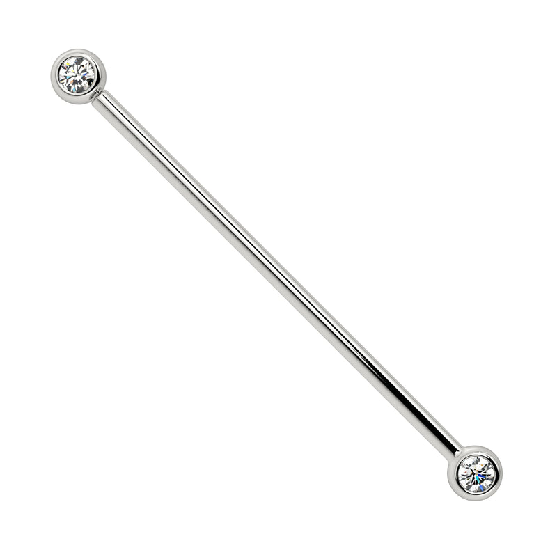 14k white gold CZ bezel industrial barbell with dual bezel-set clear stones, front view