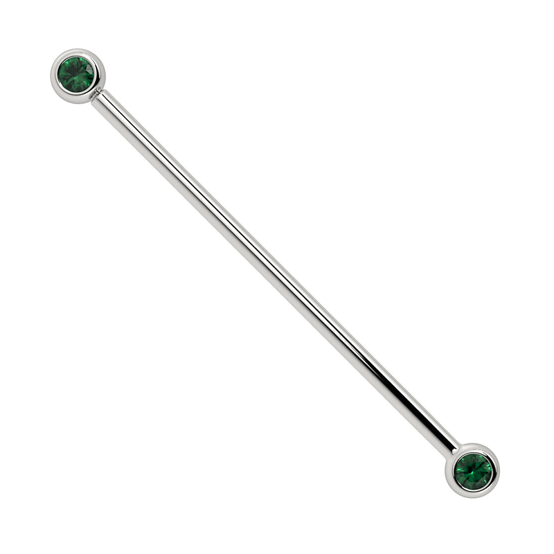 14k white gold industrial barbell with dual bezel-set 3mm natural emeralds, high-polish finish