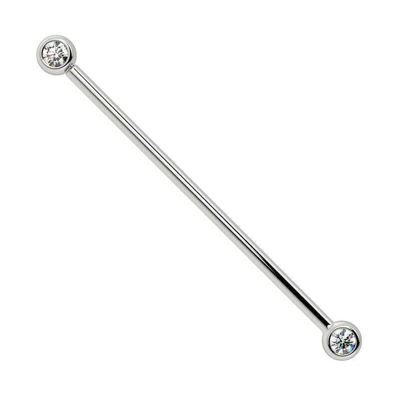 14k white gold diamond bezel industrial barbell with two round bezel-set diamonds, front view