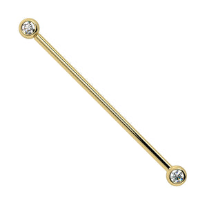 14k yellow gold diamond bezel industrial barbell with two 3mm natural diamonds, front view