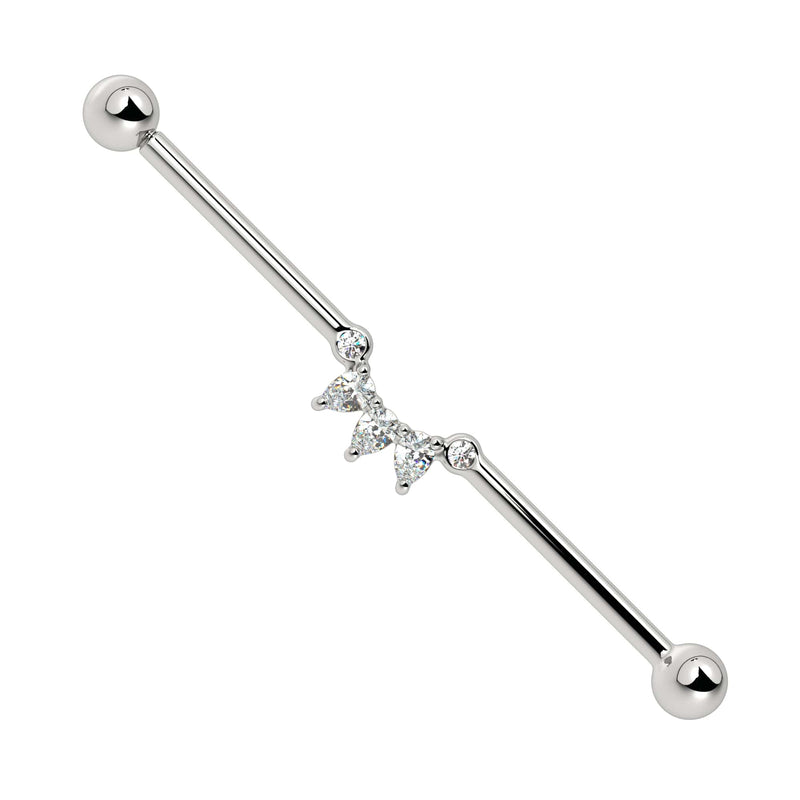 14k white gold industrial barbell with CZ pear-cut arc cluster, front view on white background