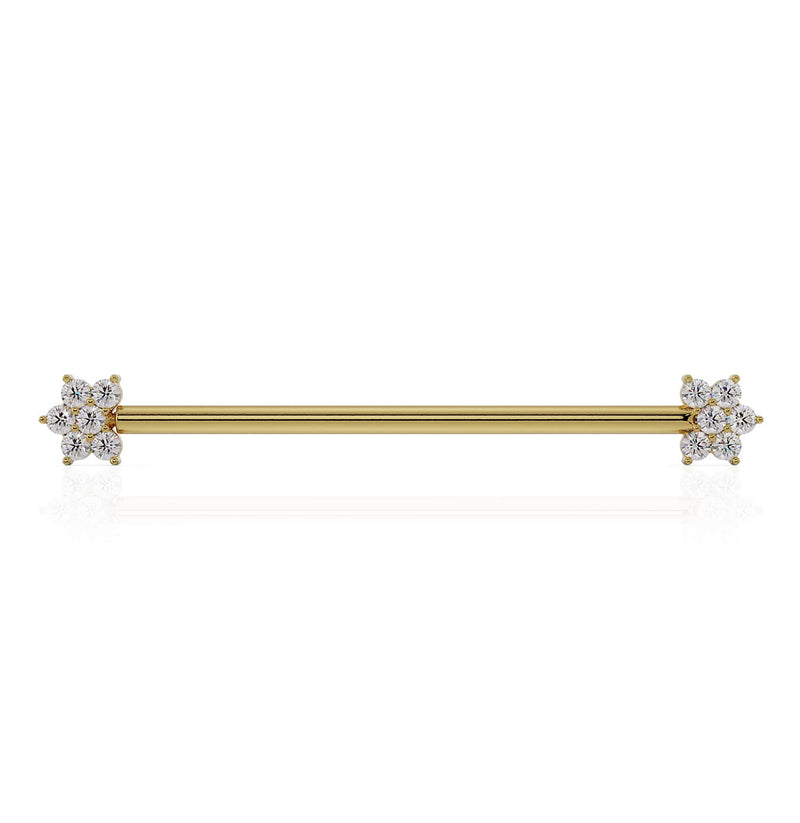 14k yellow gold industrial barbell with CZ flower ends, straight-on front view showing full length