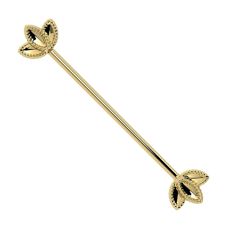 14k yellow gold lotus industrial barbell with rope-edged petal ends, front view