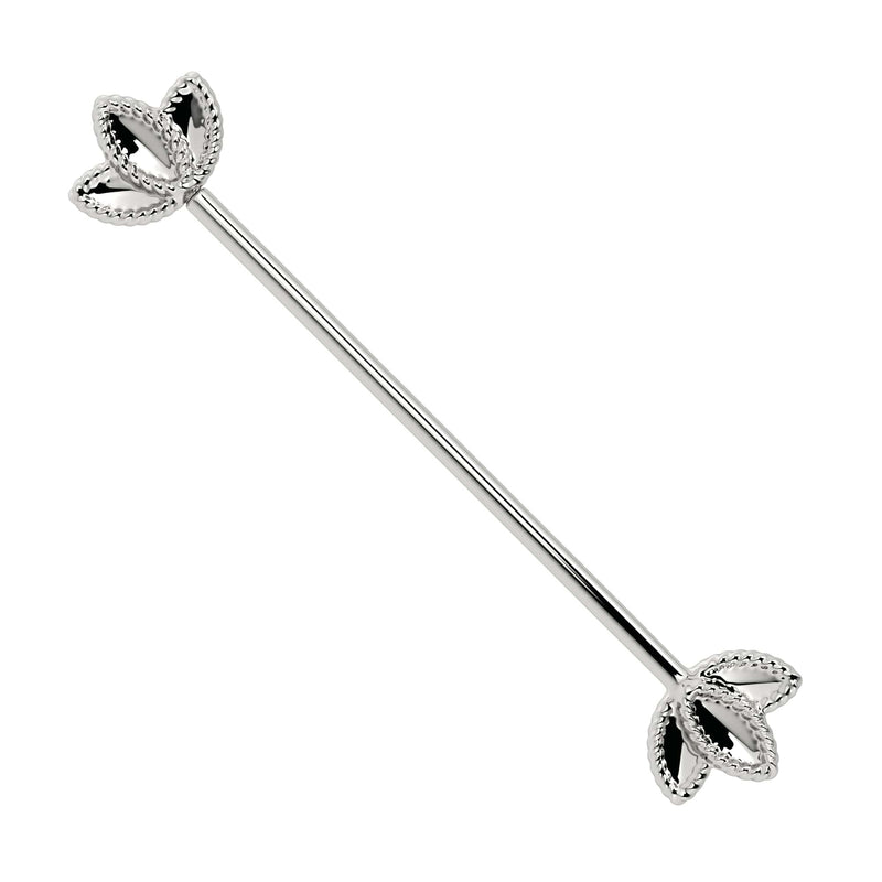 14k white gold lotus industrial barbell with polished rope-edged petal ends, front view