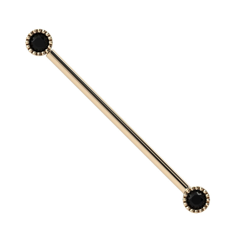 14k yellow gold industrial barbell with dual black diamonds in milgrain Perlage bezel settings, front view