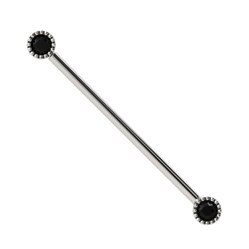 14k white gold black diamond Perlage milgrain industrial barbell with dual bezel-set stones, front view