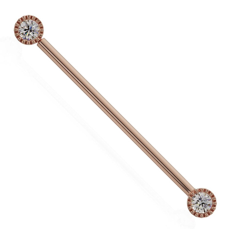 14k rose gold diamond industrial barbell with milgrain bezel ends and round conflict-free diamonds