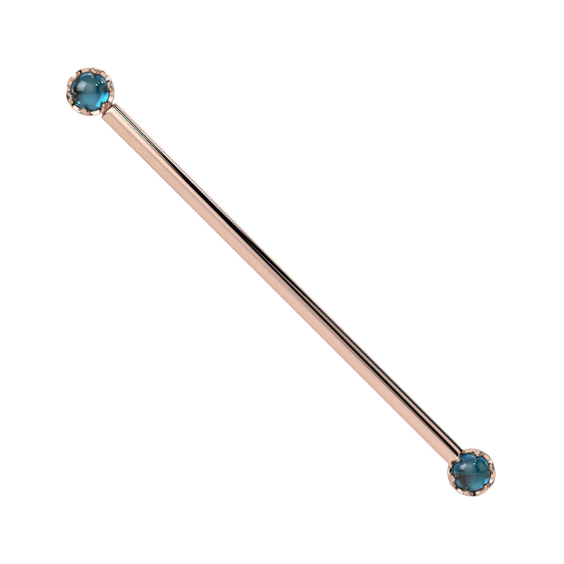 Reina London Blue Topaz Industrial Barbell in 14K Rose Gold with crown-set London Blue Topaz - for ear industrial piercings