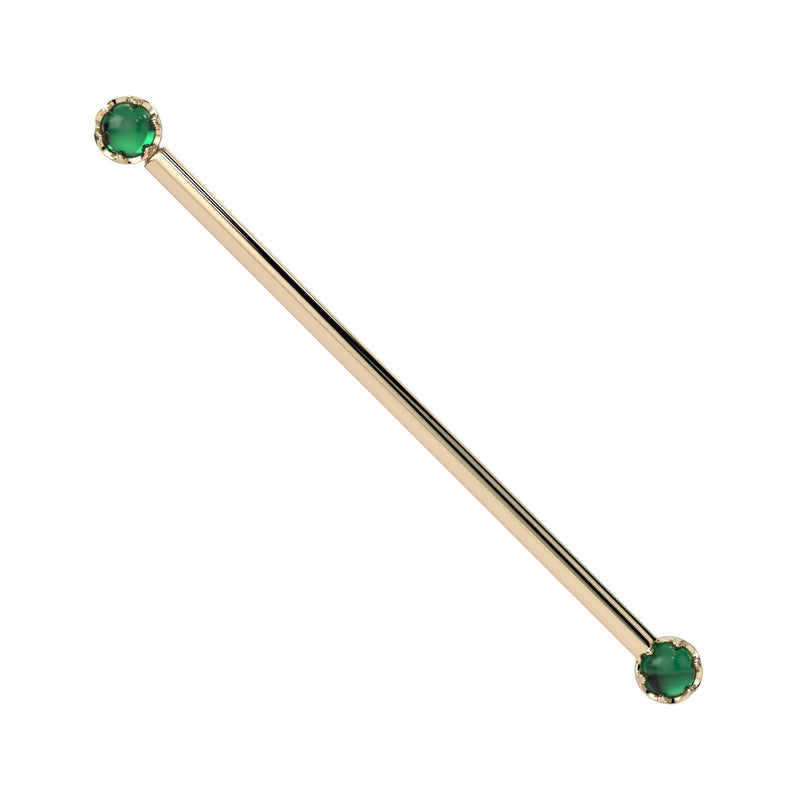 Reina Zambian Emerald Industrial Barbell in 14K Yellow Gold with crown-set Zambian Emerald - for ear industrial piercings
