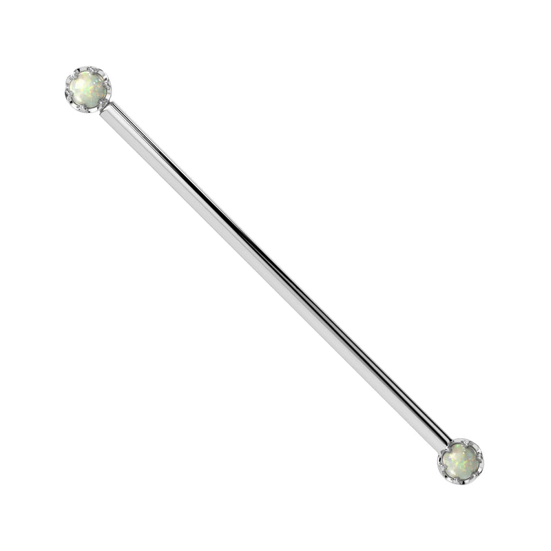 Reina Ethiopian Opal Industrial Barbell in 14K White Gold with crown-set Ethiopian Opal - for ear industrial piercings