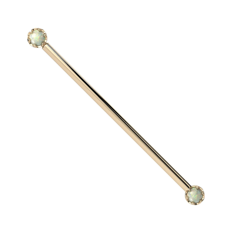 Reina Ethiopian Opal Industrial Barbell in 14K Yellow Gold with crown-set Ethiopian Opal - for ear industrial piercings