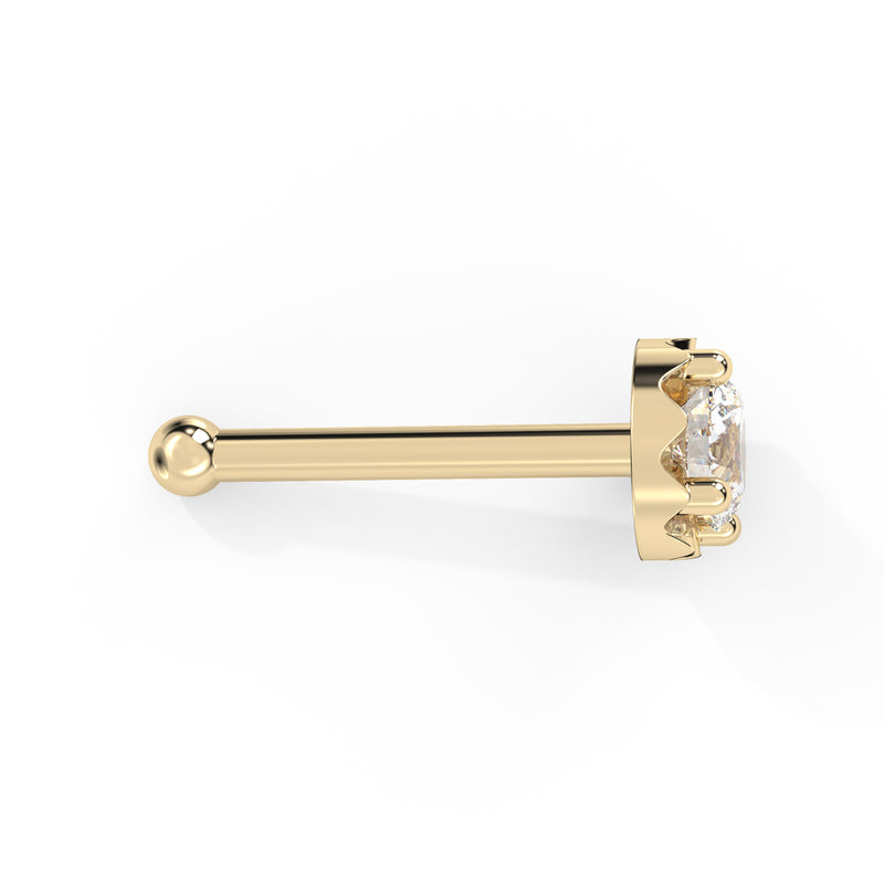 Side profile of 14k yellow gold illusion diamond nose bone style, showing ball end and setting depth