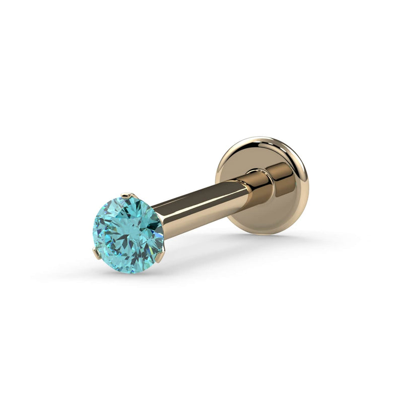 14k yellow gold 2mm aqua diamond flat back labret stud, angled front view on white background