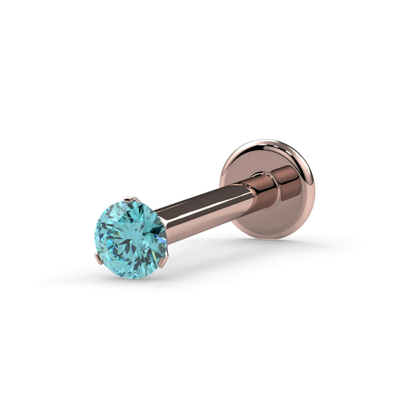 14k rose gold 2mm aqua diamond 3-prong flat back labret stud, angled view on white background