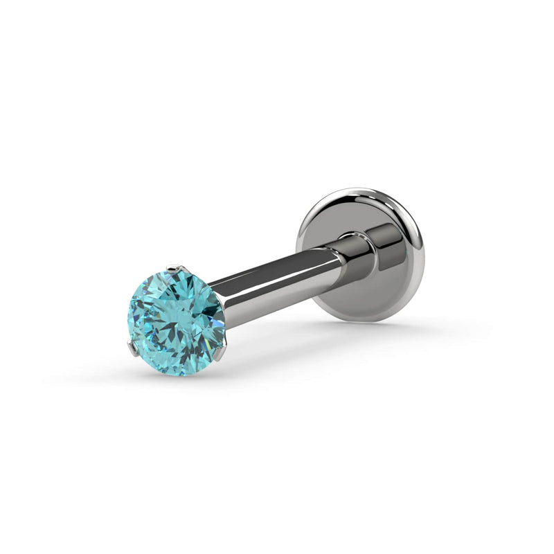14k white gold 2mm aqua diamond 3-prong flat back labret stud, angled view on white background