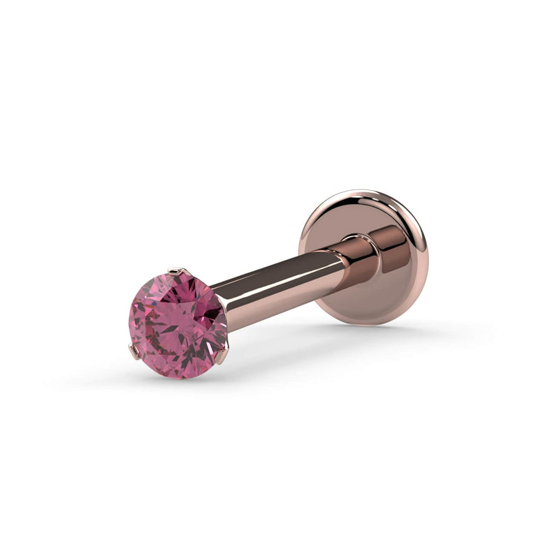 14k rose gold 2mm pink diamond flat back labret stud, angled view highlighting warm metal tone