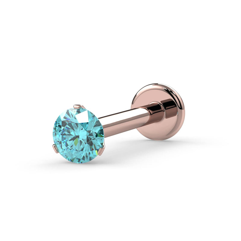 14k rose gold 2.5mm aqua diamond Lumina 3-prong flat back labret stud, angled front view