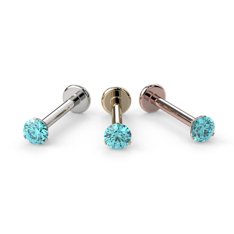 All three metal options side by side: 14k white, yellow, and rose gold aqua diamond flat back studs