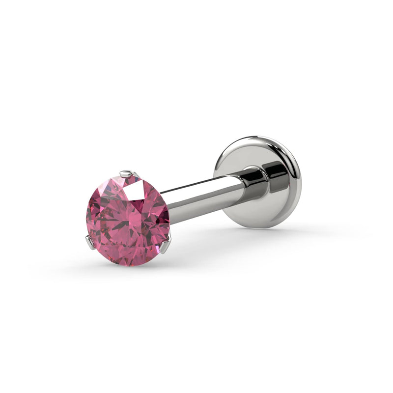 14k white gold 2.5mm pink diamond flat back labret stud with 3-prong setting, angled product view