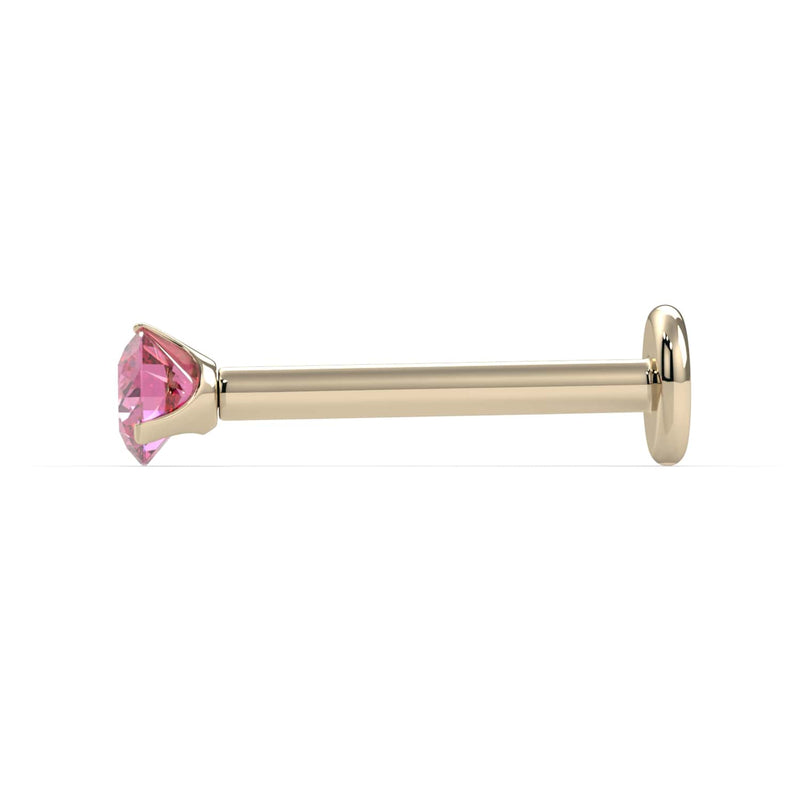 Side profile of 14k yellow gold pink diamond flat back labret showing post length and flat disc back