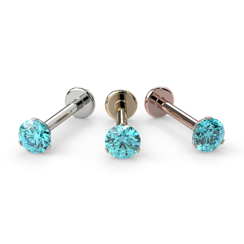 3mm aqua diamond flat back labret in 14k white gold, yellow gold, and rose gold side by side