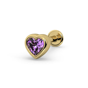 14k yellow gold amethyst heart flat back stud with bezel setting and disc backing, angled view