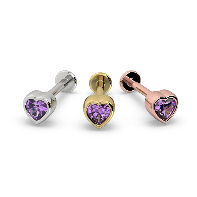 Amethyst heart flat back stud in 14k white gold, yellow gold, and rose gold side-by-side comparison