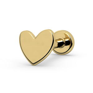 14k yellow gold asymmetrical heart flat back labret stud, angled view showing press-fit post