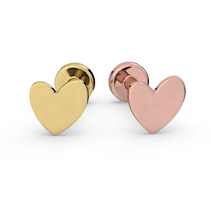 14k yellow gold and 14k rose gold asymmetrical heart flat back studs side by side for color comparison