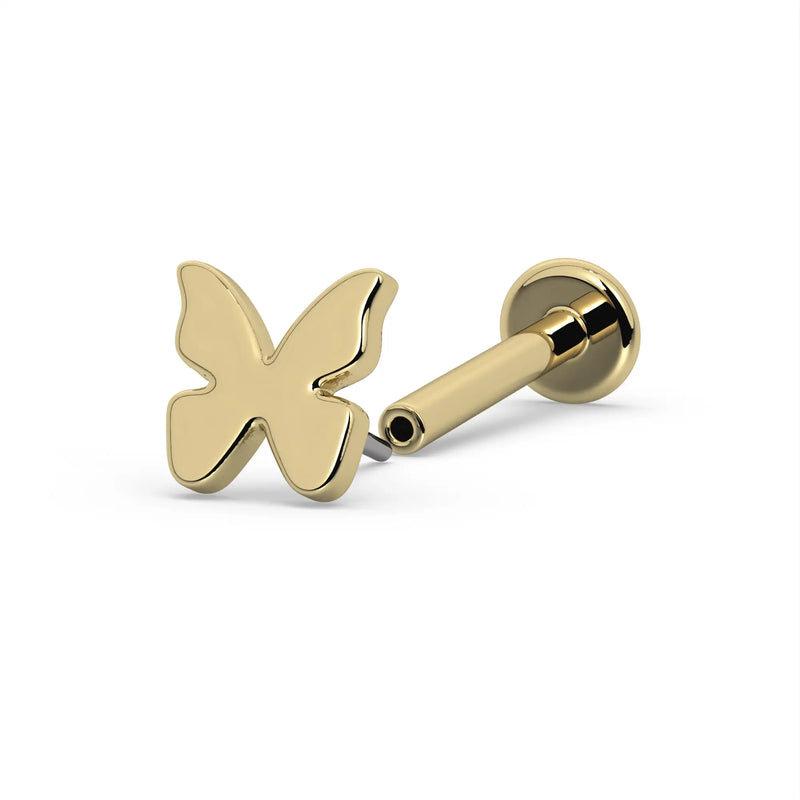 14k yellow gold butterfly flat back labret stud with post separated from flat disc backing, side view