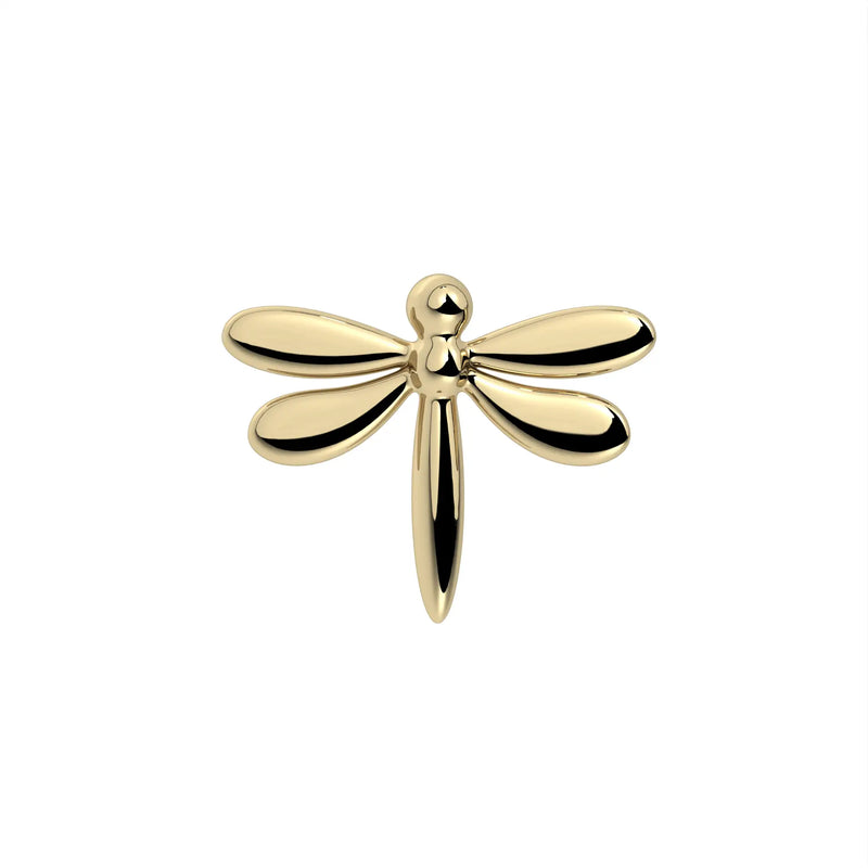 14k yellow gold dragonfly cartilage stud end only, front view showing wing and body detail