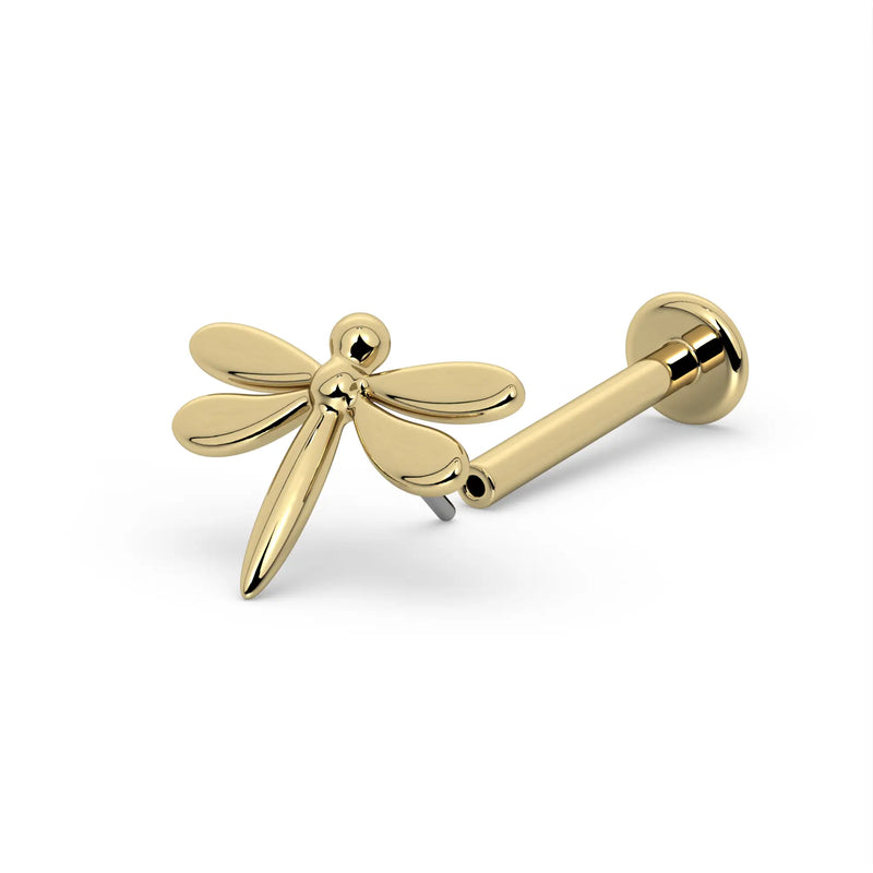 14k yellow gold dragonfly labret stud with post and flat backing separated, showing threadless pin