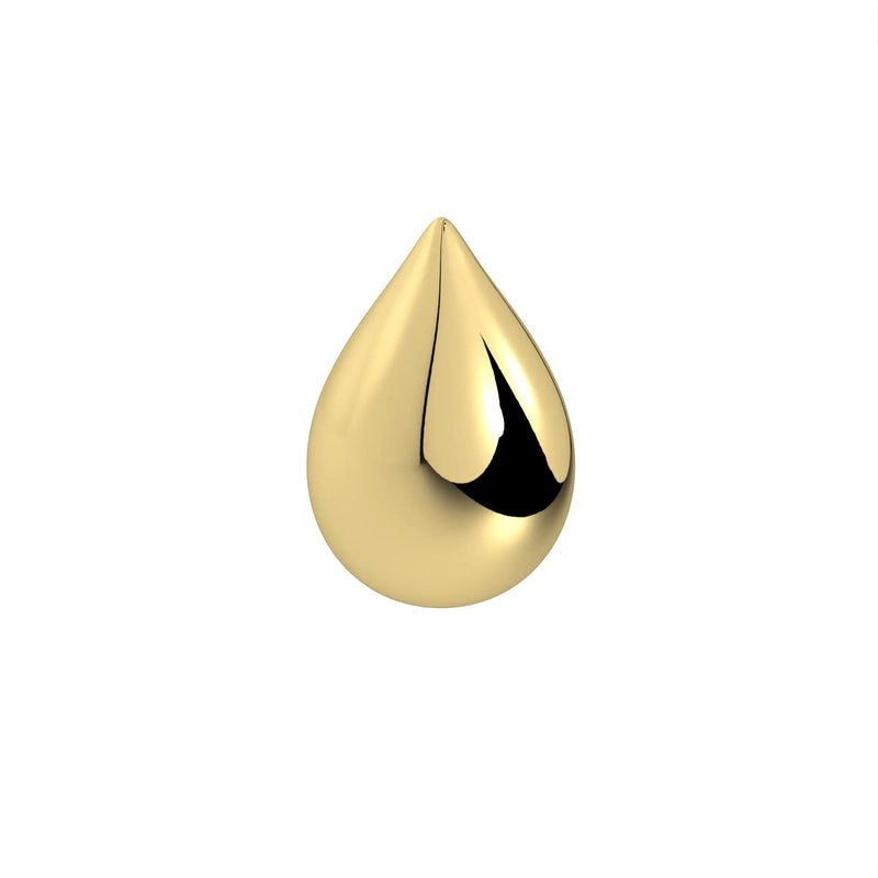 Close-up of 14k yellow gold droplet charm end showing sculptural teardrop silhouette and polish