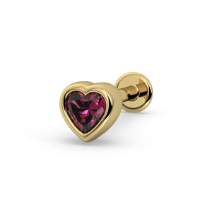 14k yellow gold rhodolite garnet heart flat back stud, angled view showing bezel setting and disc backing