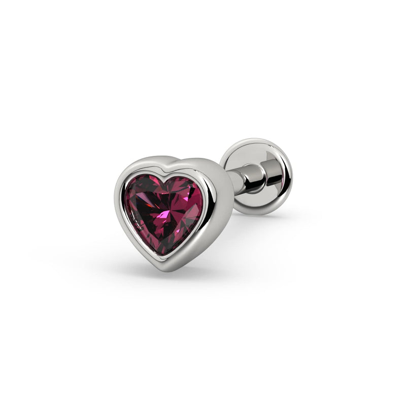 14k white gold rhodolite garnet heart flat back stud, angled view showing bezel-set deep rose garnet