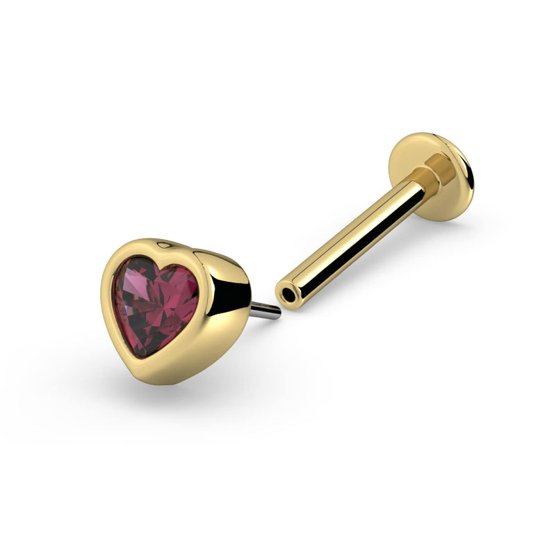 14k yellow gold rhodolite garnet heart labret showing threadless push-pin post separated from flat disc backing