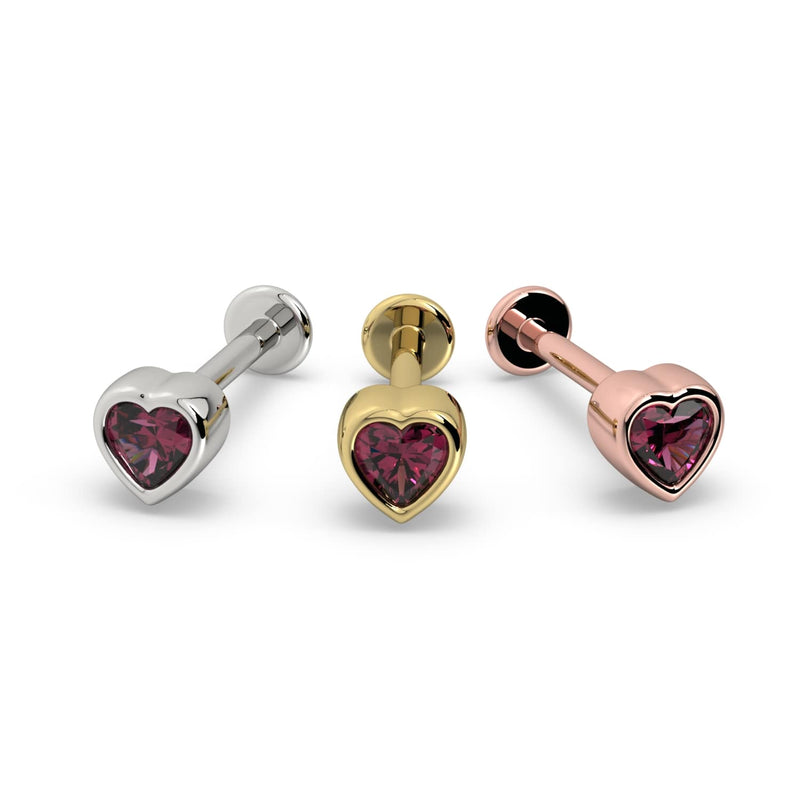 Rhodolite garnet heart flat back stud in all three metal options: 14k white, yellow, and rose gold side by side