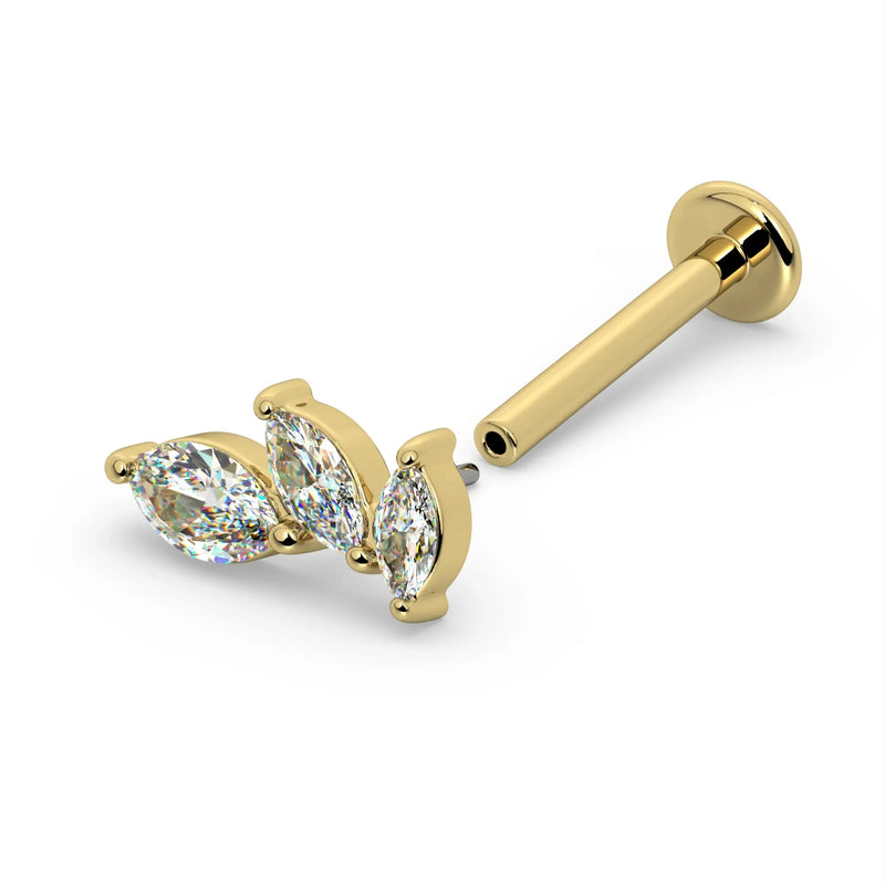 14k yellow gold marquise diamond cascade threadless flat back stud showing full post and flat disc backing