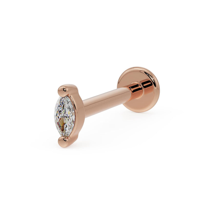 14k rose gold marquise diamond flat back labret, angled view with prong-set diamond and disc backing