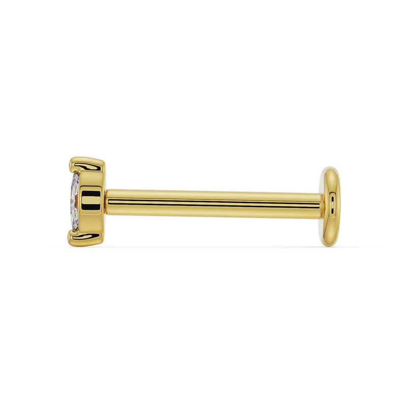 Side profile of 14k yellow gold marquise diamond flat back labret showing post length and disc backing