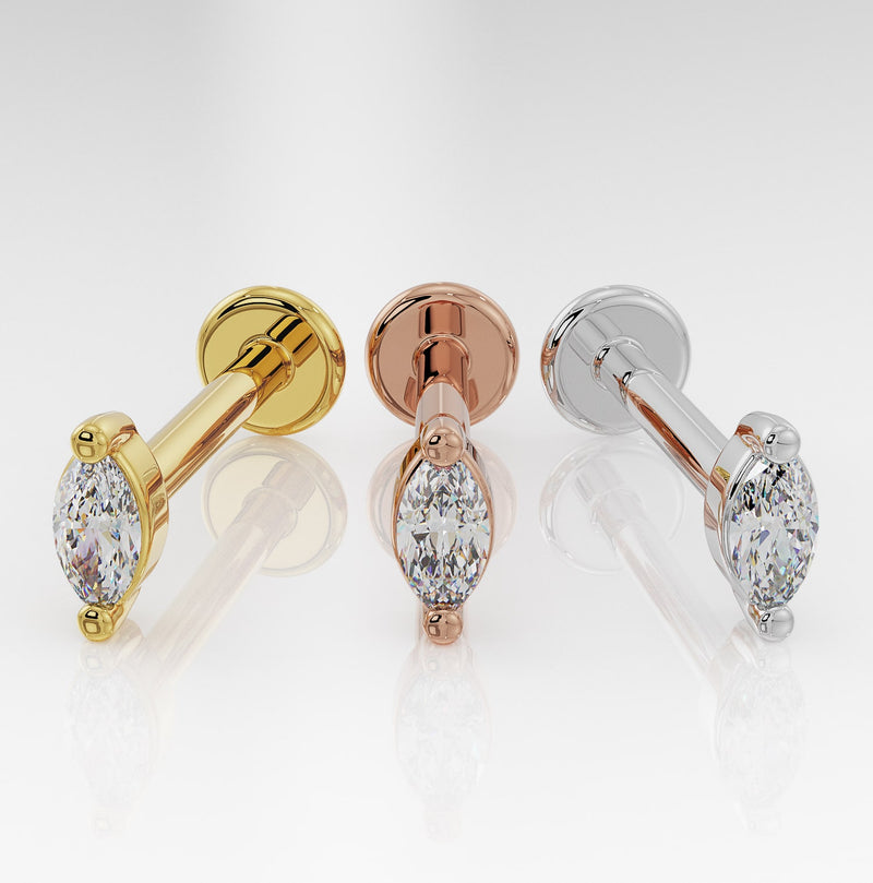 3mm marquise diamond flat back stud in all three metal options: 14k yellow gold, rose gold, and white gold