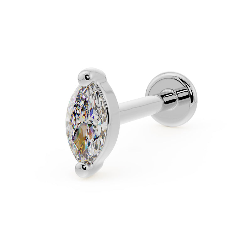 14k white gold 4mm marquise diamond flat back labret stud, angled view on white background