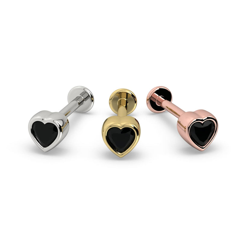 Onyx heart flat back stud in all three metal options: 14k white gold, yellow gold, and rose gold