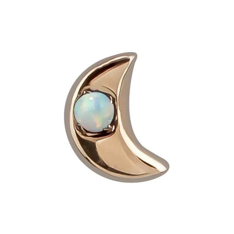 14k rose gold crescent moon threadless stud end with prong-set opal center, front view